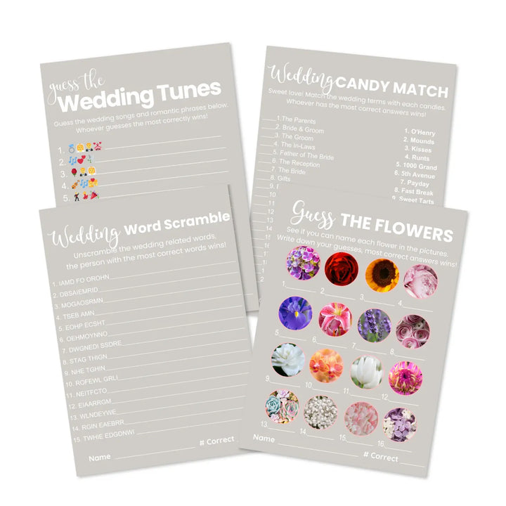 Printable wedding game bundle 4 fun activities - instant download - elegant modern taupe theme - party games