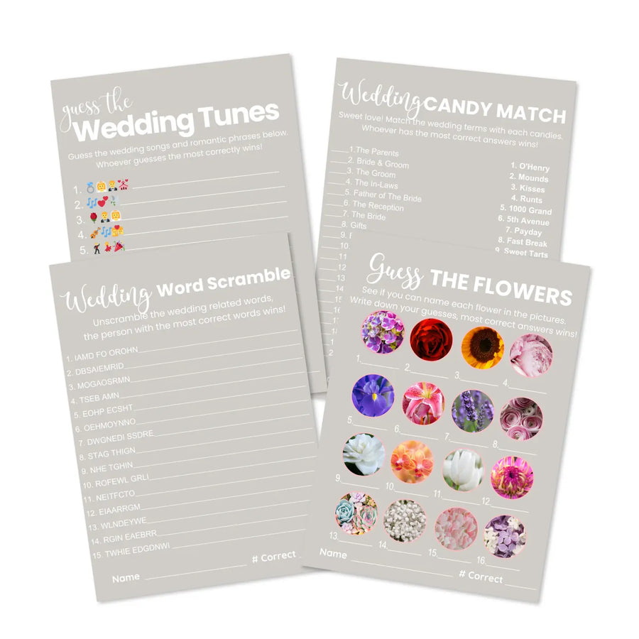 Printable wedding game bundle 4 fun activities - instant download - elegant modern taupe theme - party games