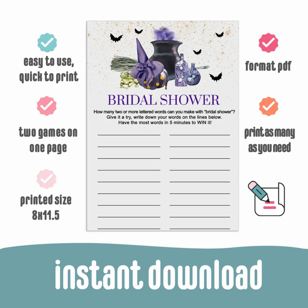 Printable Witch is Getting Hitched Bridal Shower Word Game Halloween Themed Digital Download - Paper Clever Party