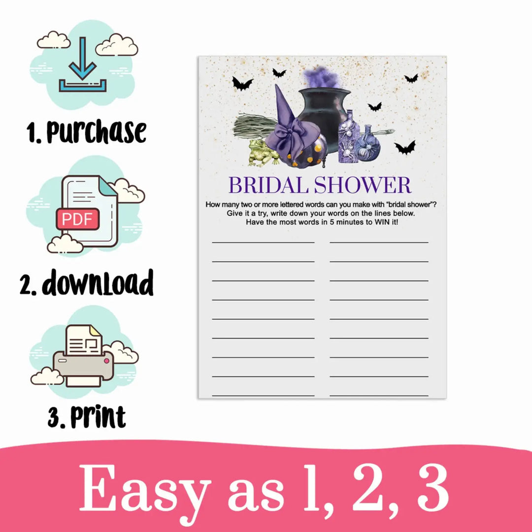 Printable Witch is Getting Hitched Bridal Shower Word Game Halloween Themed Digital Download - Paper Clever Party