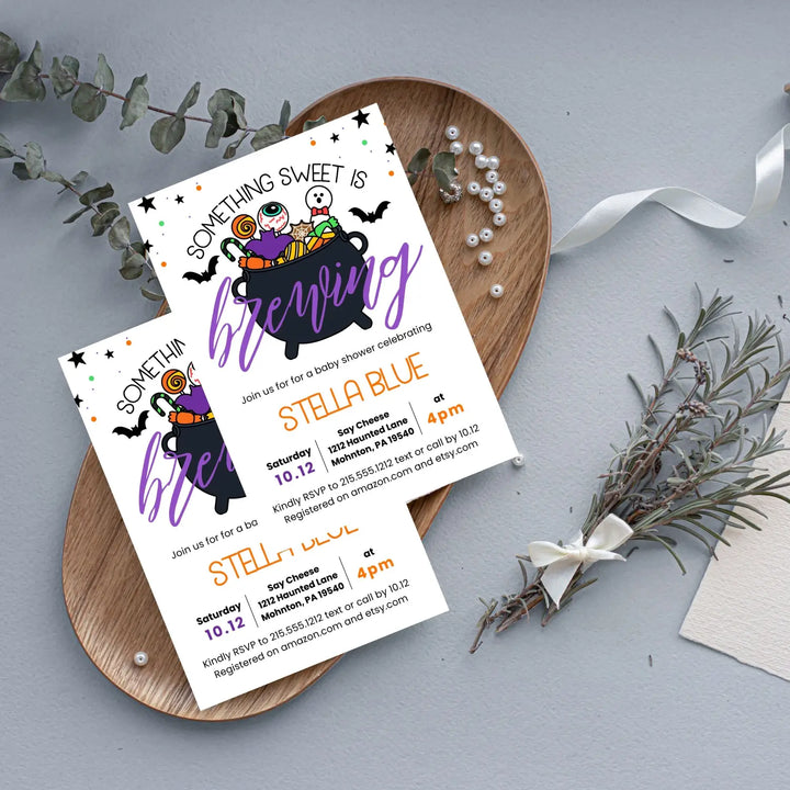 Printed halloween invitations for baby shower or gender reveal is brewing invites 5x7 inches fully customizable girls