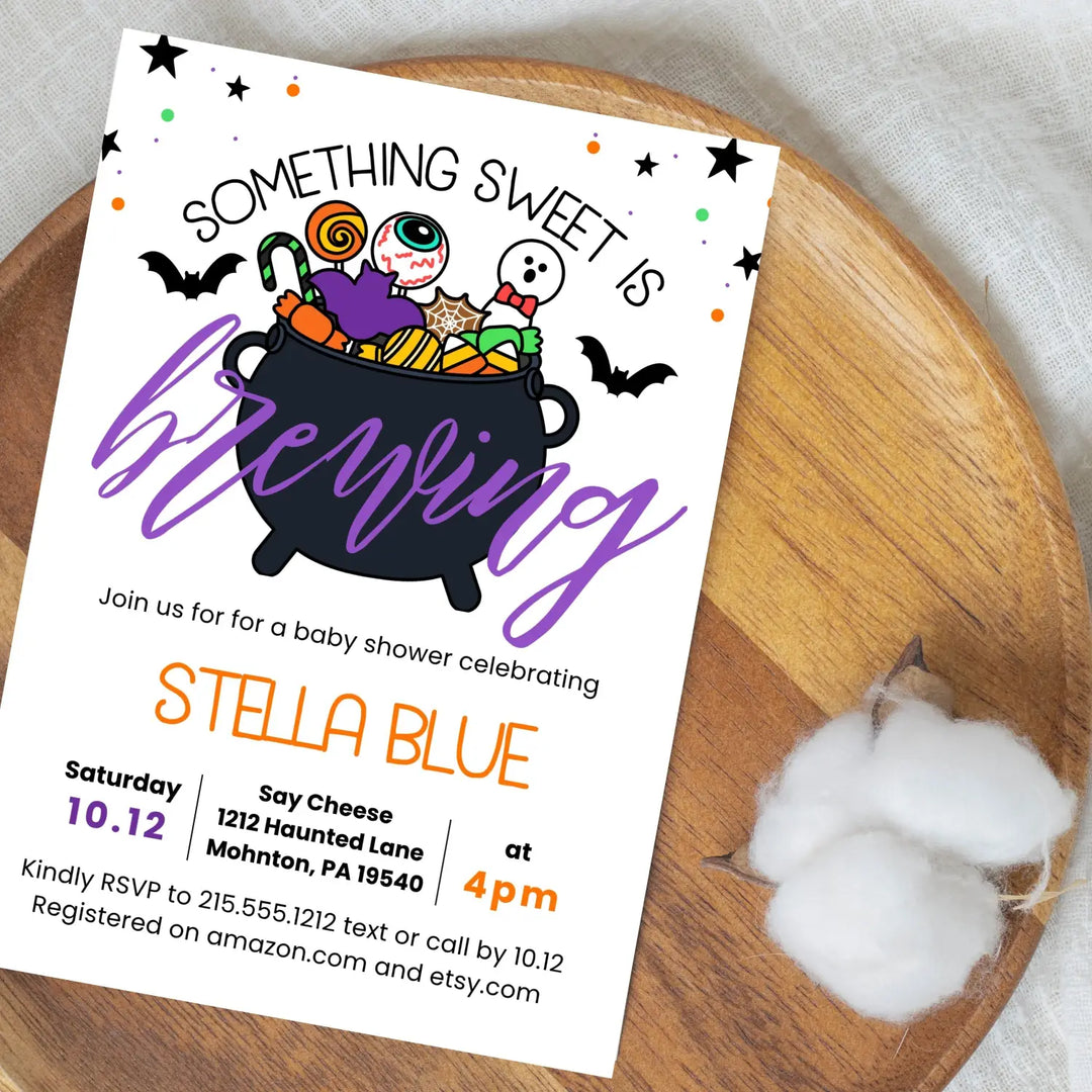 Printed halloween invitations for baby shower or gender reveal is brewing invites 5x7 inches fully customizable girls