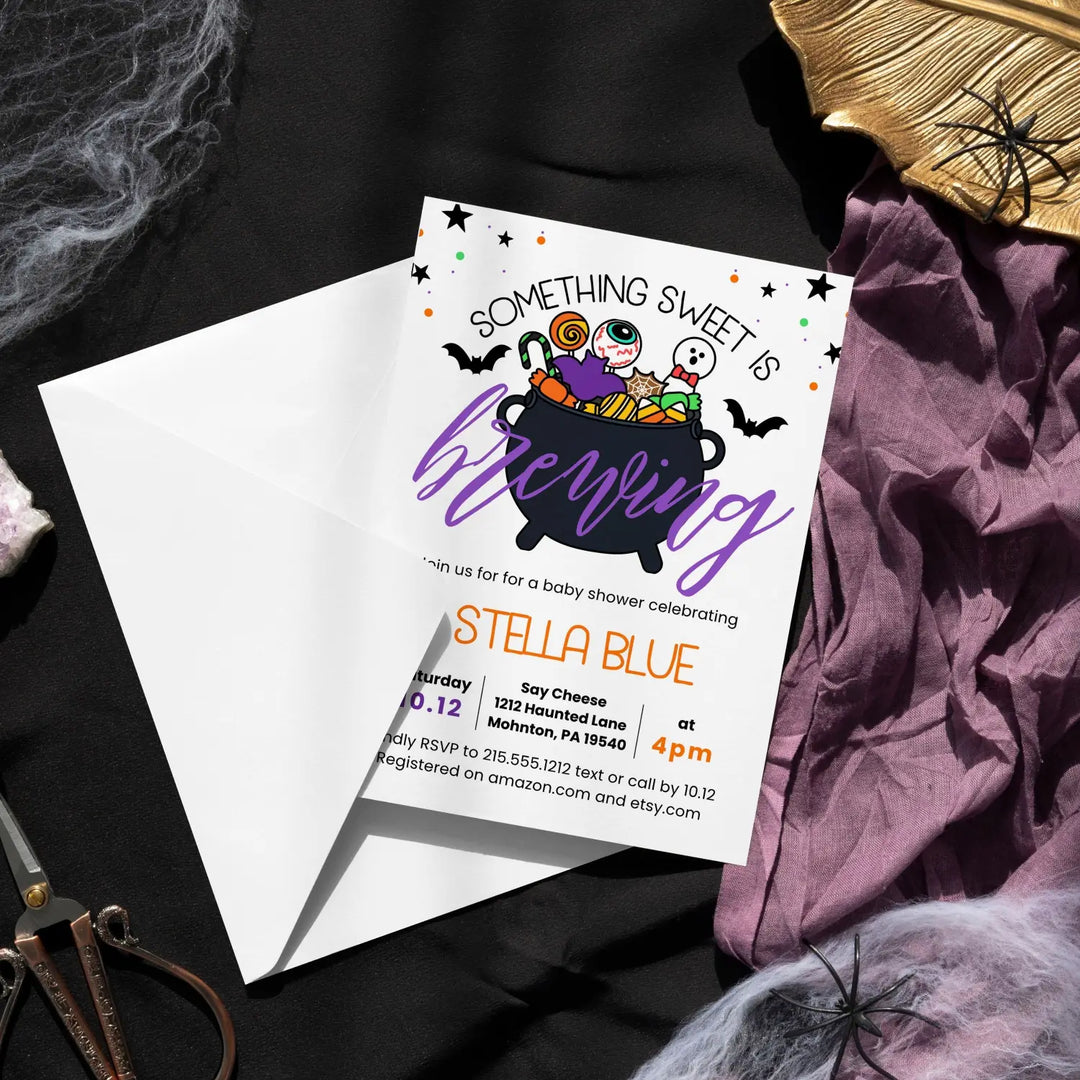 Printed halloween invitations for baby shower or gender reveal is brewing invites 5x7 inches fully customizable girls