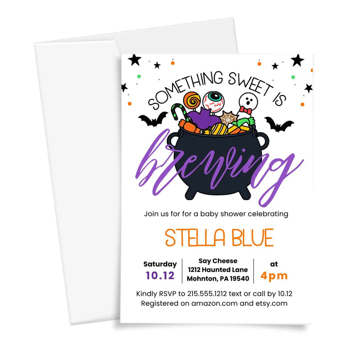 Printed halloween invitations for baby shower or gender reveal is brewing invites 5x7 inches fully customizable girls