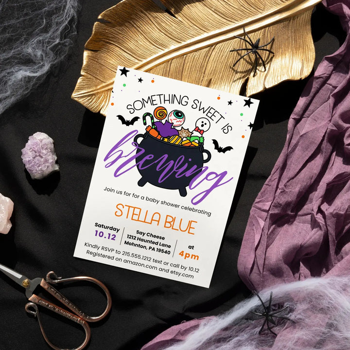 Printed halloween invitations for baby shower or gender reveal is brewing invites 5x7 inches fully customizable girls