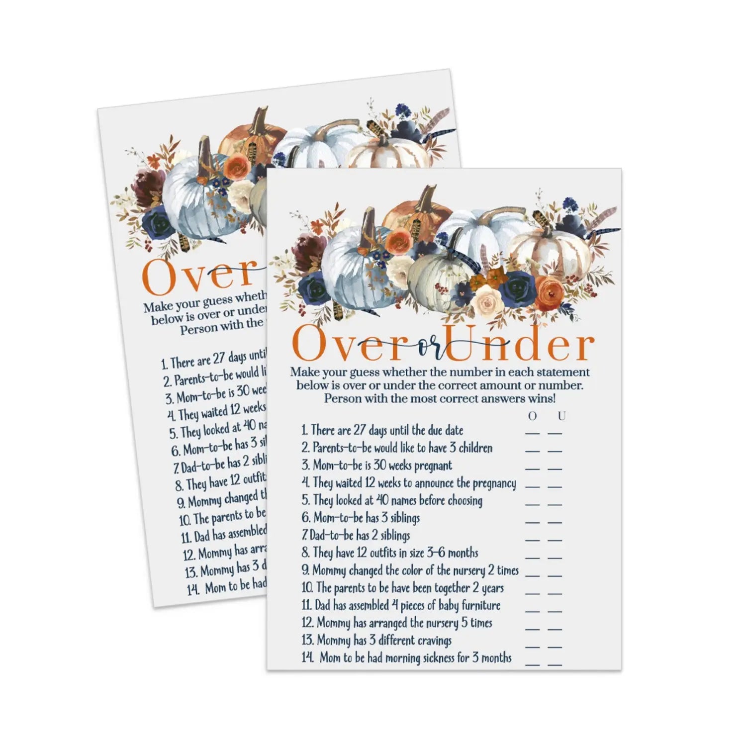 Pumpkin baby shower game over or under printable digital download - party games