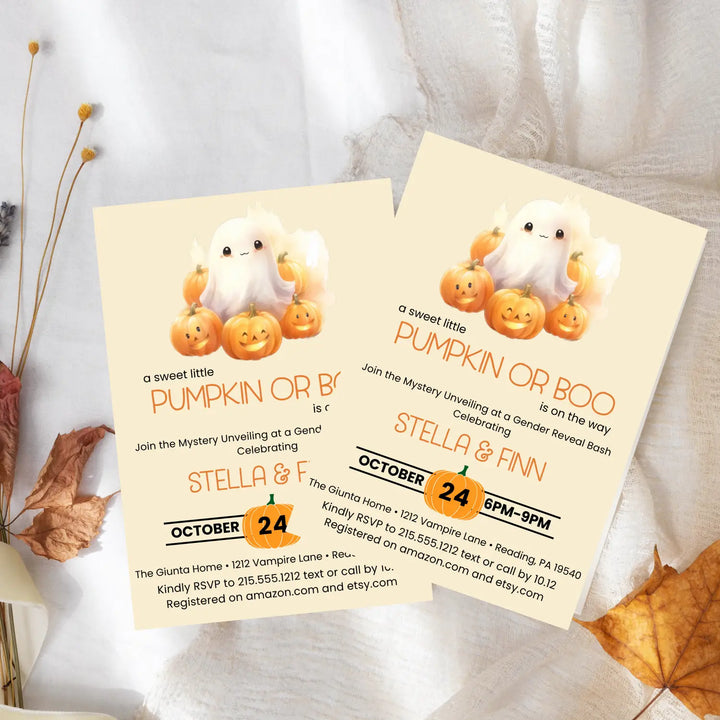Pumpkin or boo gender reveal invitations neutral baby shower invites custom printed printable digital files