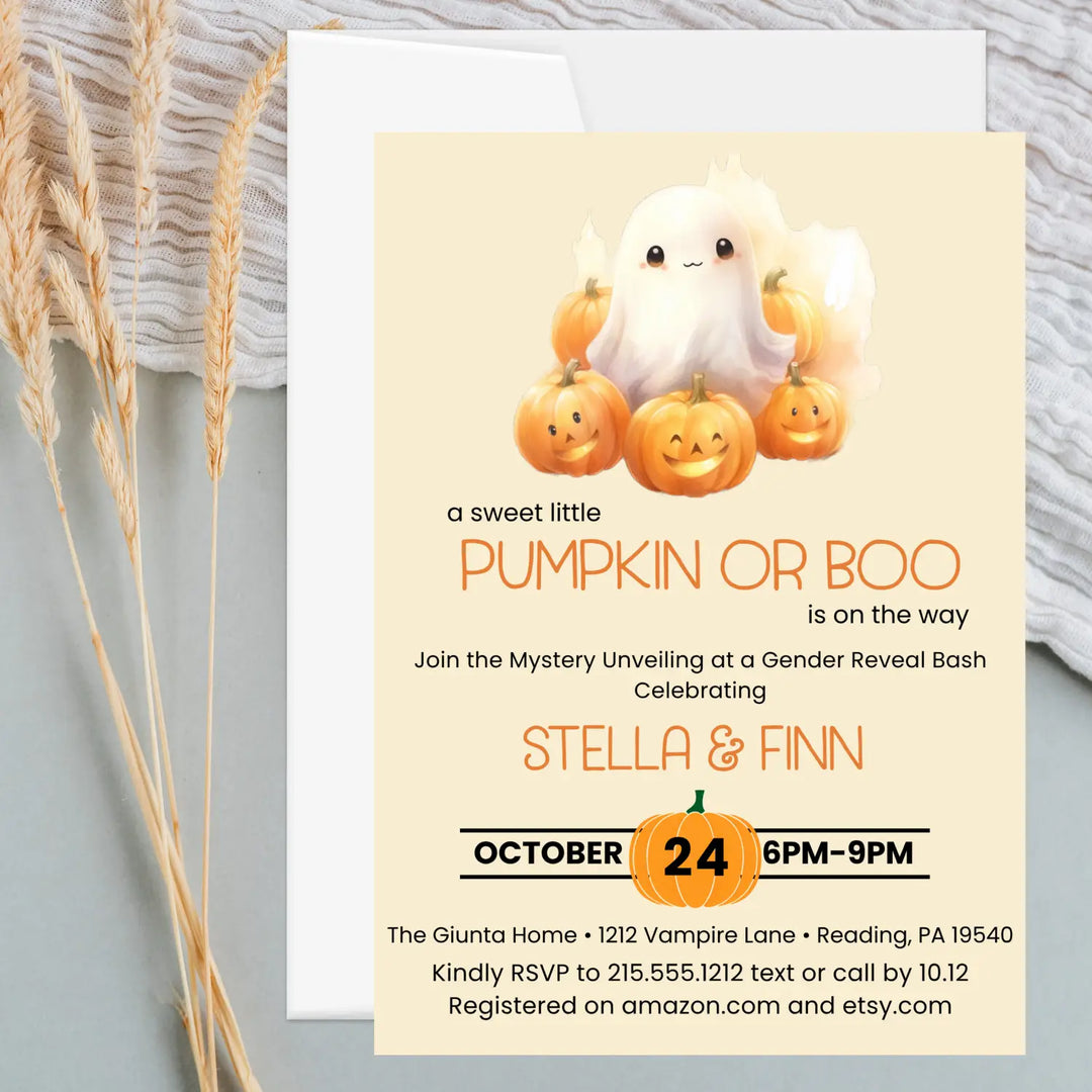 Pumpkin or boo gender reveal invitations neutral baby shower invites custom printed printable digital files
