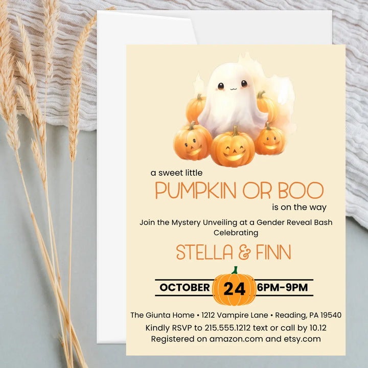 Pumpkin or boo gender reveal invitations neutral baby shower invites custom printed printable digital files