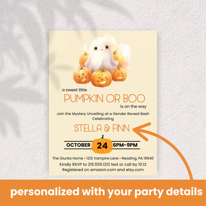 Pumpkin or boo gender reveal invitations neutral baby shower invites custom printed printable digital files