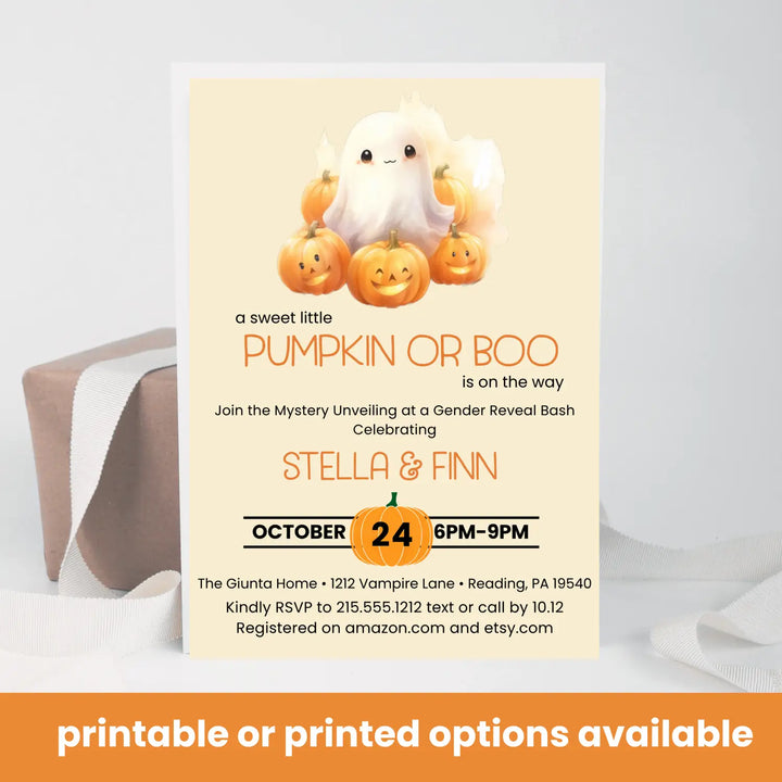 Pumpkin or boo gender reveal invitations neutral baby shower invites custom printed printable digital files