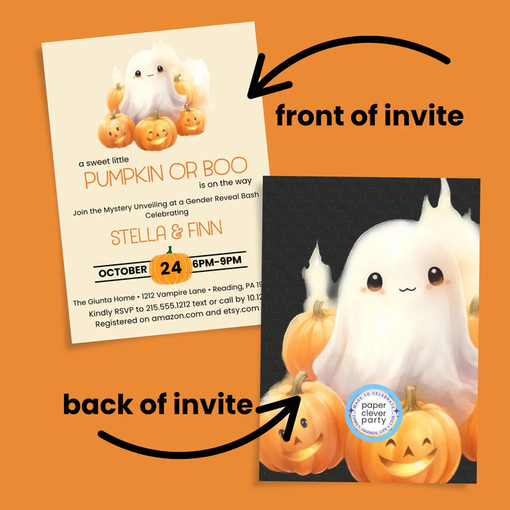 Pumpkin or boo gender reveal invitations neutral baby shower invites custom printed printable digital files