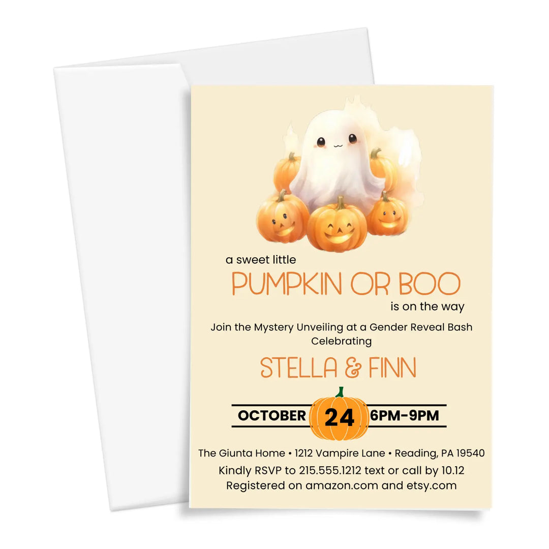 Pumpkin or boo gender reveal invitations neutral baby shower invites custom printed printable digital files