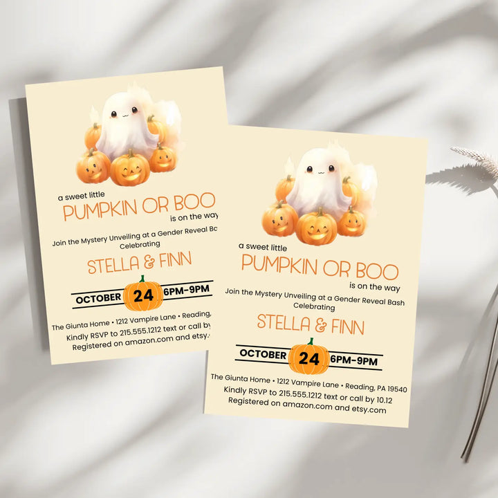 Pumpkin or boo gender reveal invitations neutral baby shower invites custom printed printable digital files