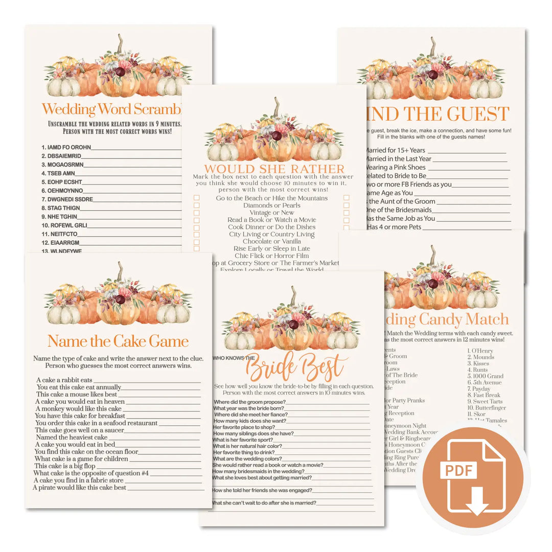 Pumpkin bridal shower game instant download printable wedding games fun for guests easy print pdf - party