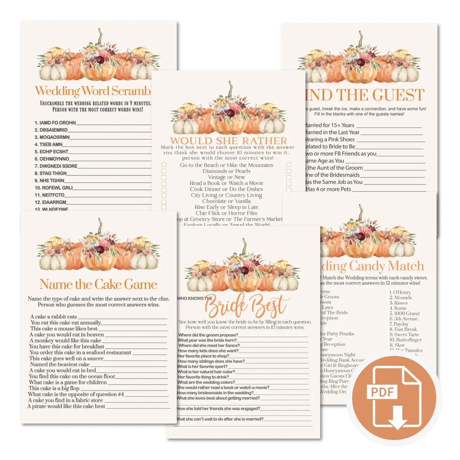 Pumpkin bridal shower game instant download printable wedding games fun for guests easy print pdf - party
