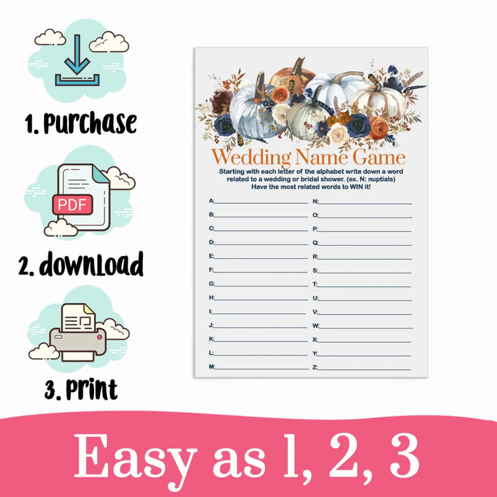 Pumpkin Bridal Shower Name Game Race - Wedding Fun Printable PDF - Rustic Autumn Floral - Paper Clever Party
