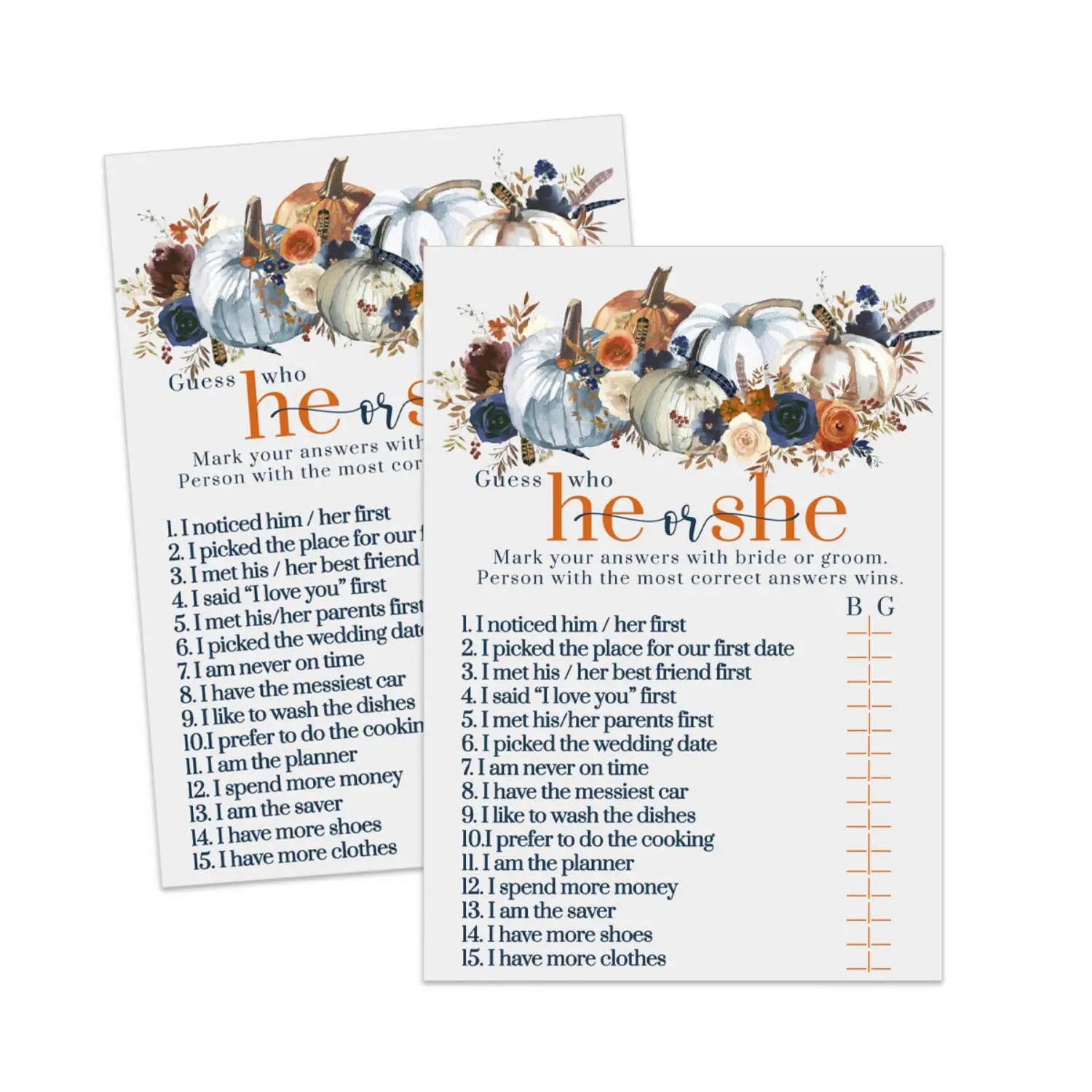 Pumpkin bridal shower he said she instant fun printable pdf download rustic autumn floral - party games