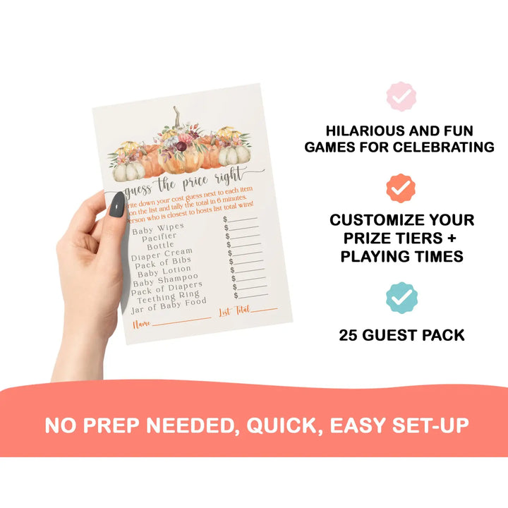 Pumpkin Guess the Price Game Gender-Neutral, 5x7 Cards, 25-Pack - Paper Clever Party