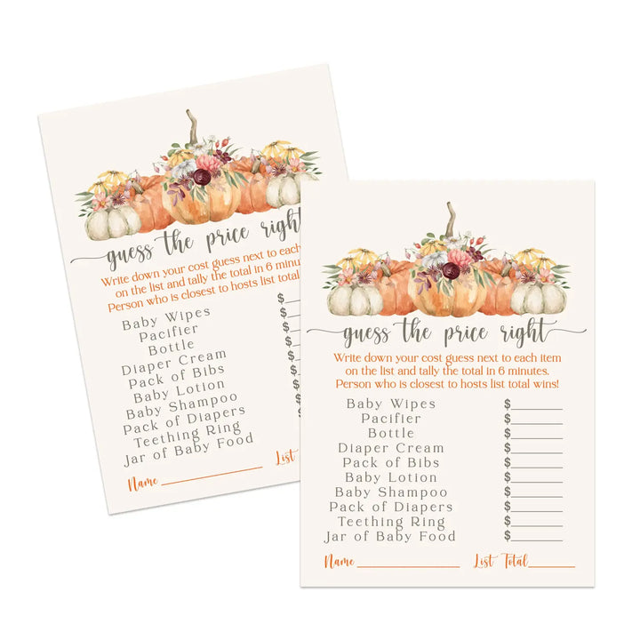 Pumpkin Guess the Price Game Gender-Neutral, 5x7 Cards, 25-Pack - Paper Clever Party