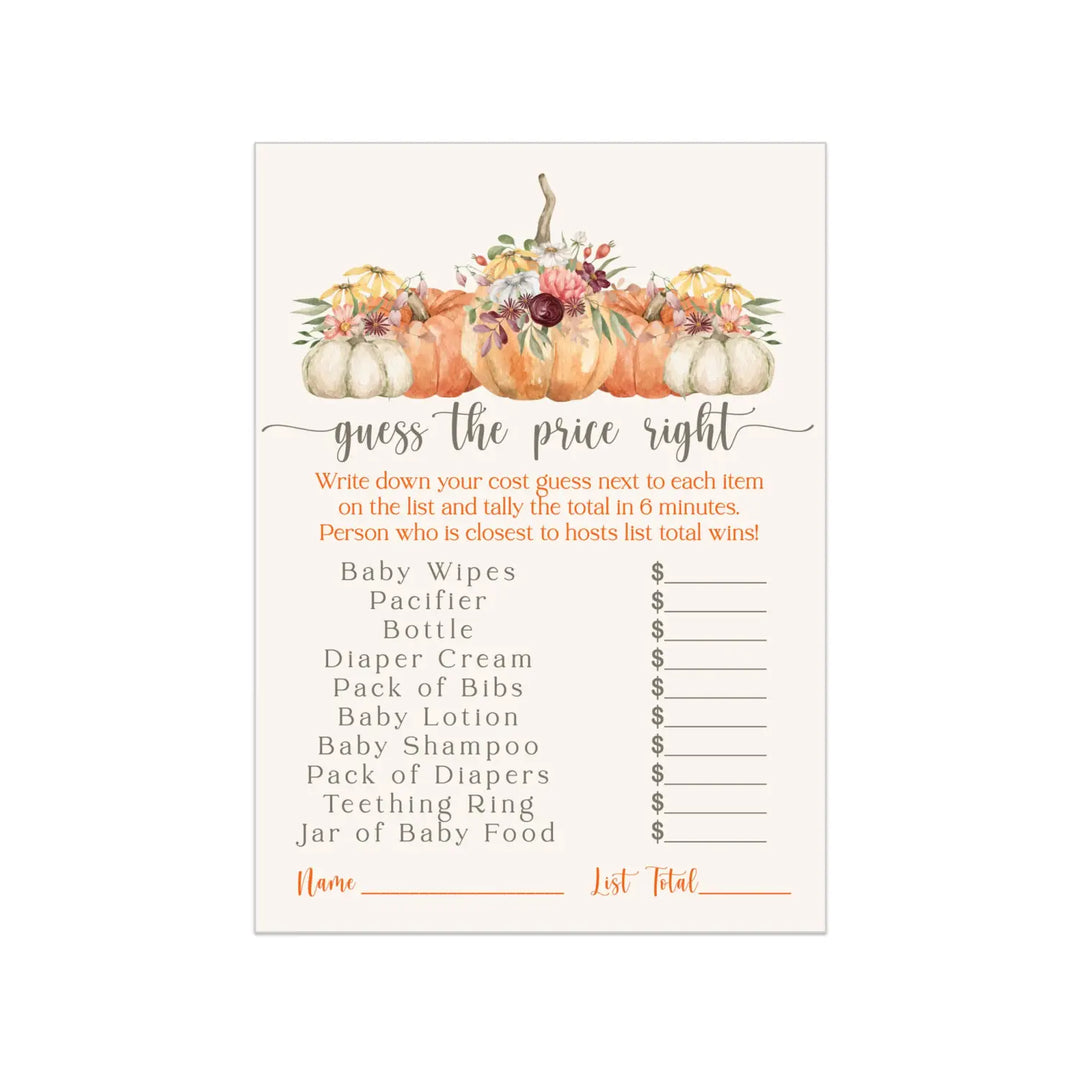 Pumpkin Guess the Price Game Gender-Neutral, 5x7 Cards, 25-Pack - Paper Clever Party