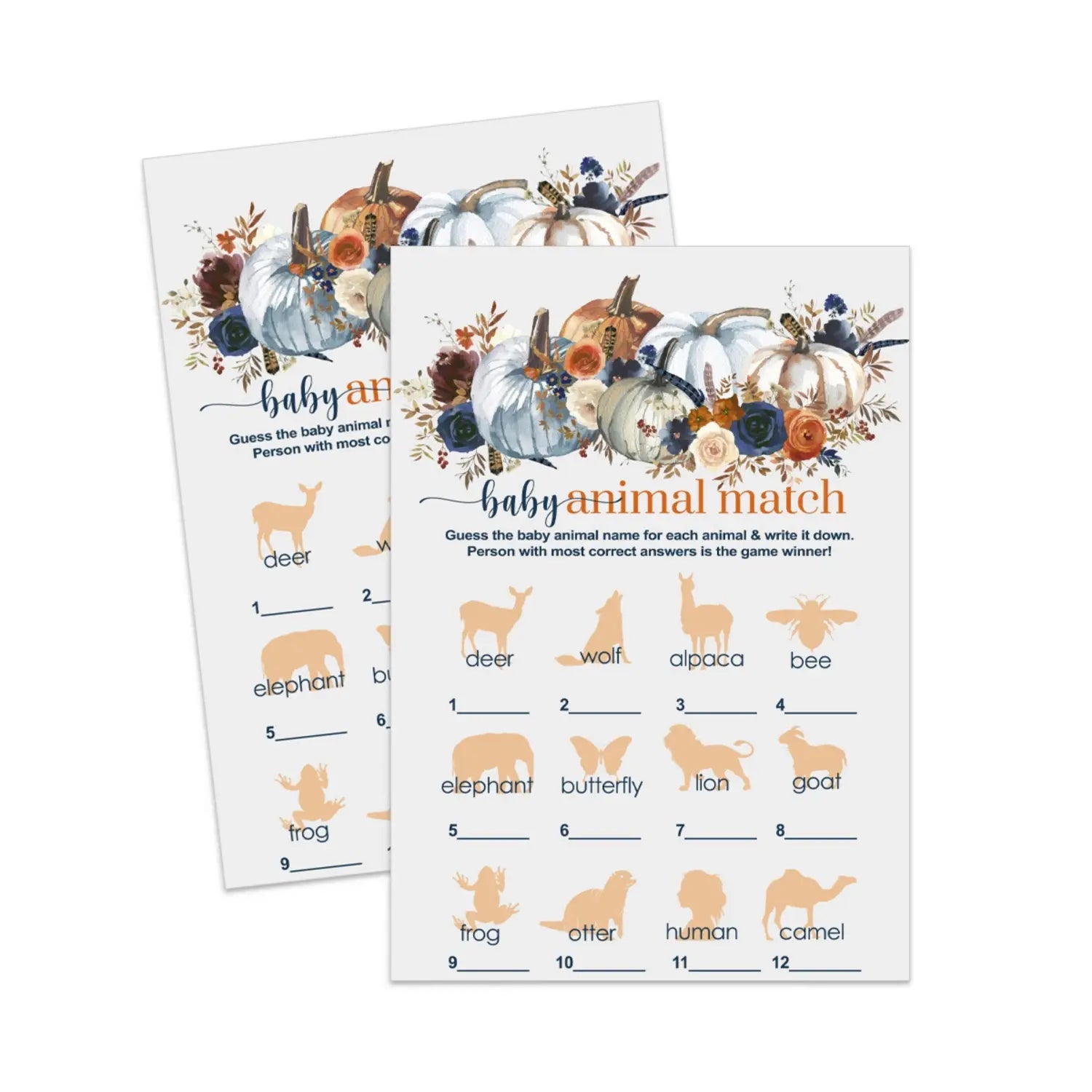 Pumpkin printable baby shower animal matching game download activity - party games