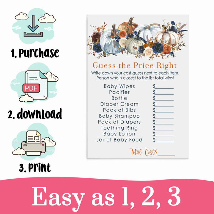 Pumpkin Printable Baby Shower Guess the Price is Right Printabke Download Rustic - Paper Clever Party