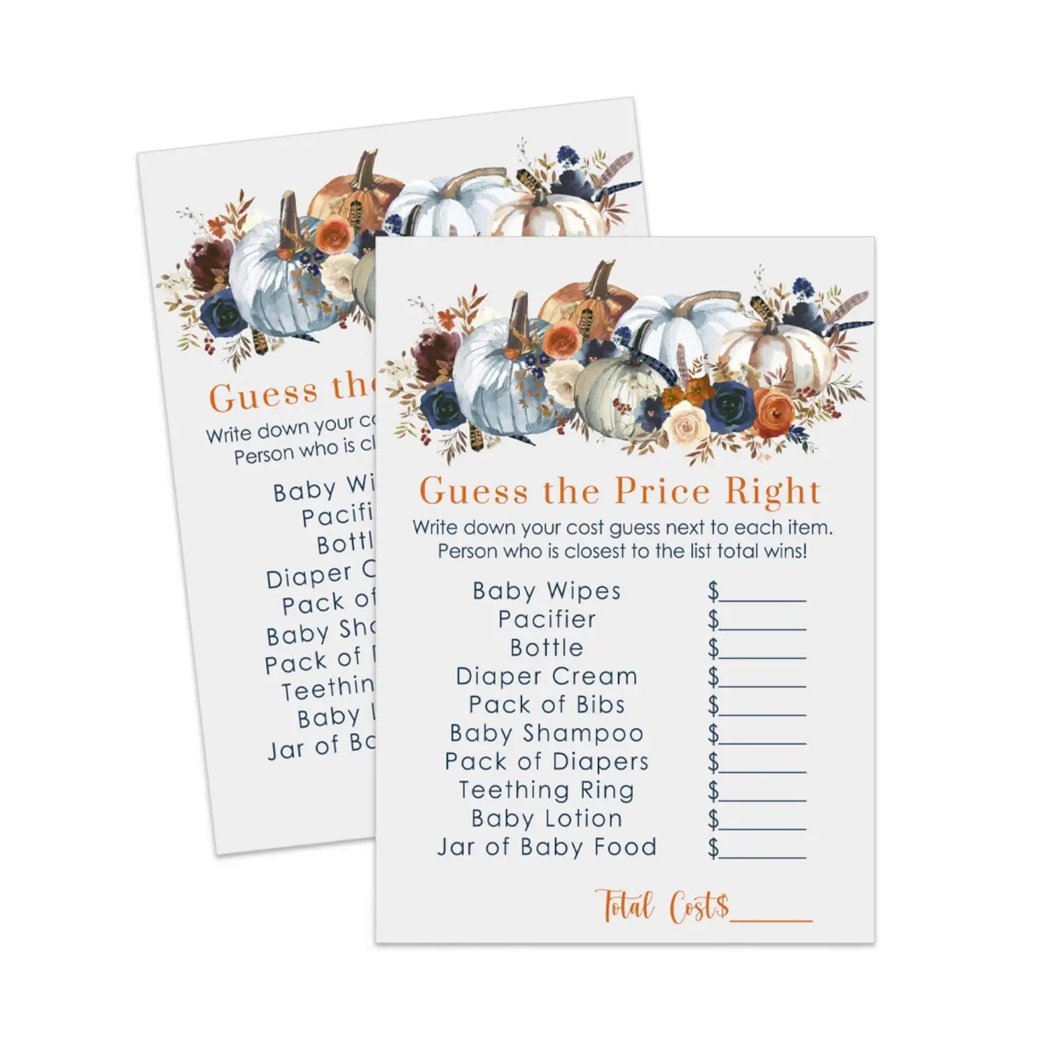 Pumpkin printable baby shower guess the price is right printabke download rustic - party games