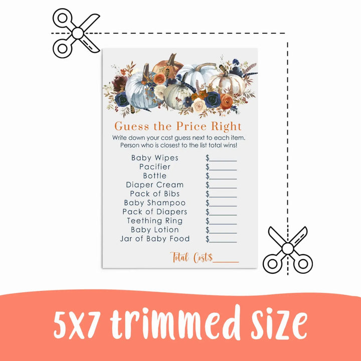 Pumpkin Printable Baby Shower Guess the Price is Right Printabke Download Rustic - Paper Clever Party