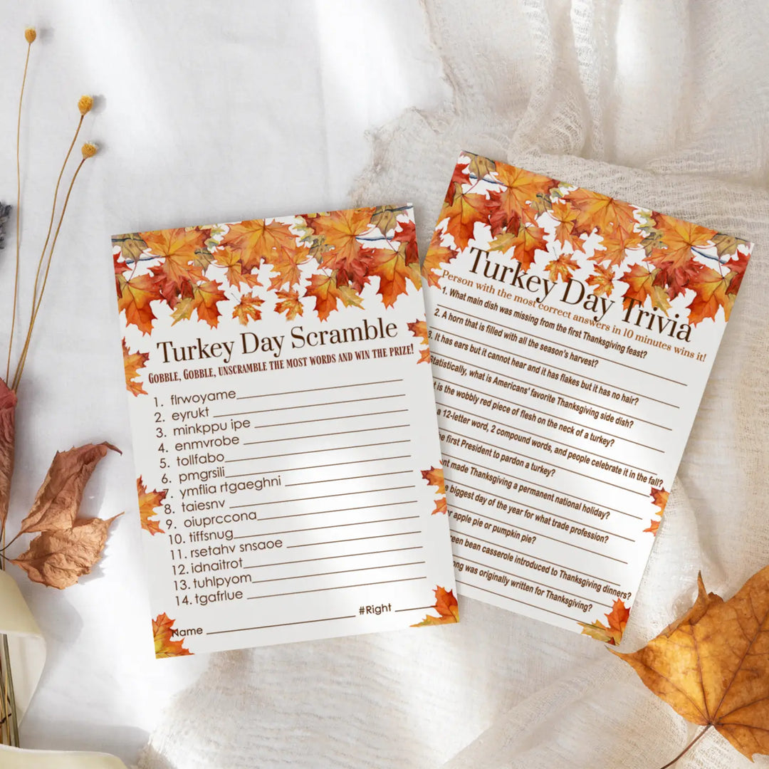 Pumpkin-Themed Thanksgiving Trivia & Word Game Bundle - 2-in-1 Turkey Dinner Word Scramble - 25 Guests - Paper Clever Party