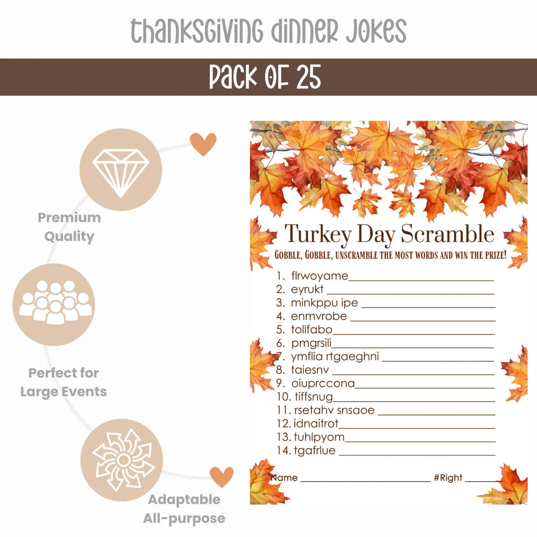 Pumpkin-Themed Thanksgiving Trivia & Word Game Bundle - 2-in-1 Turkey Dinner Word Scramble - 25 Guests - Paper Clever Party