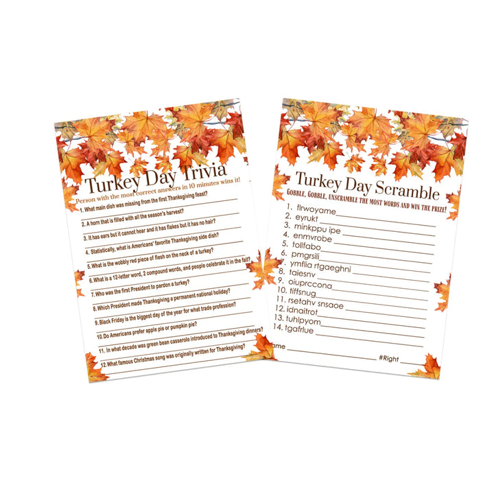 Pumpkin-Themed Thanksgiving Trivia & Word Game Bundle - 2-in-1 Turkey Dinner Word Scramble - 25 Guests - Paper Clever Party