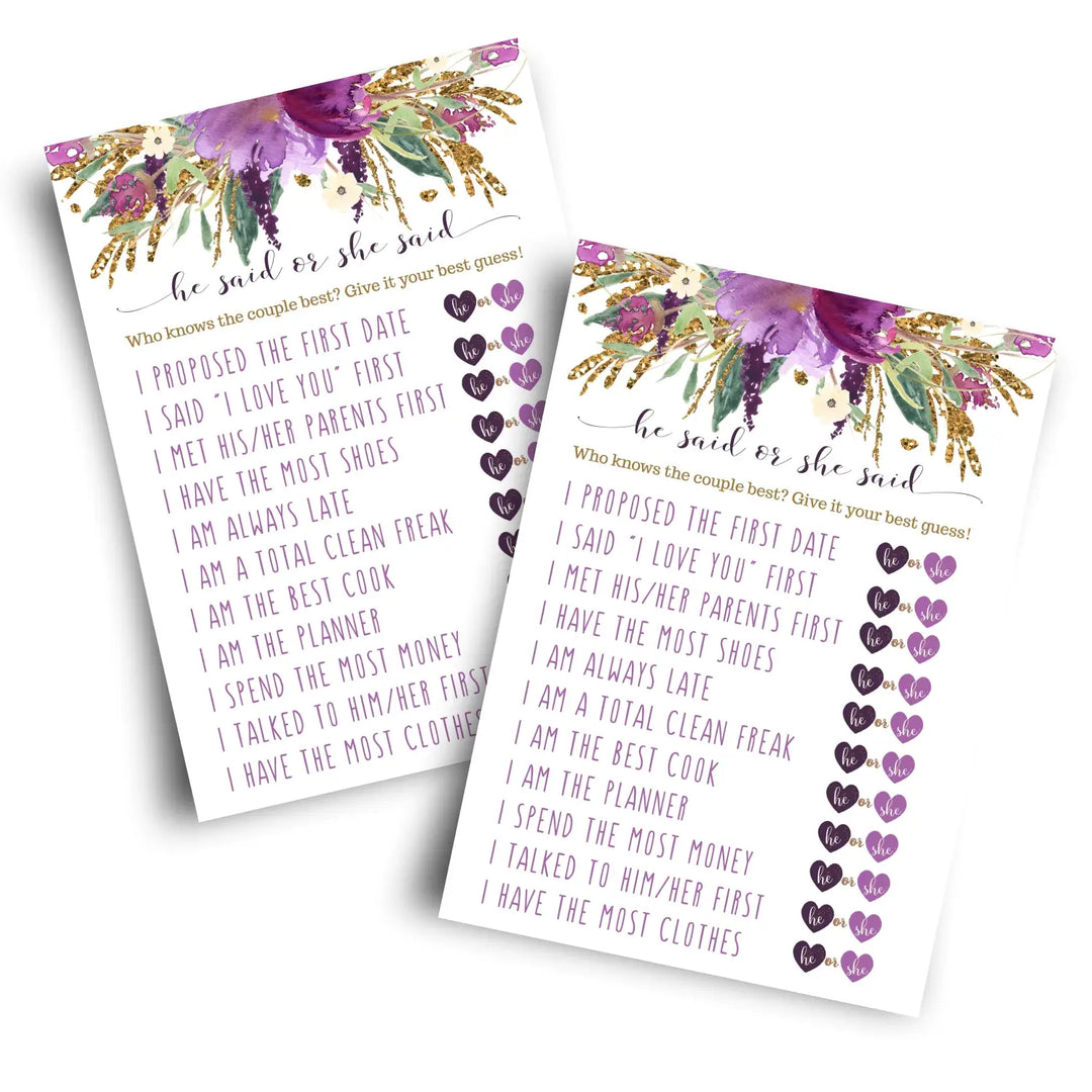 Purple bridal shower games - 25 cards - he said or she game what did the bride and groom say guess who wedding activity