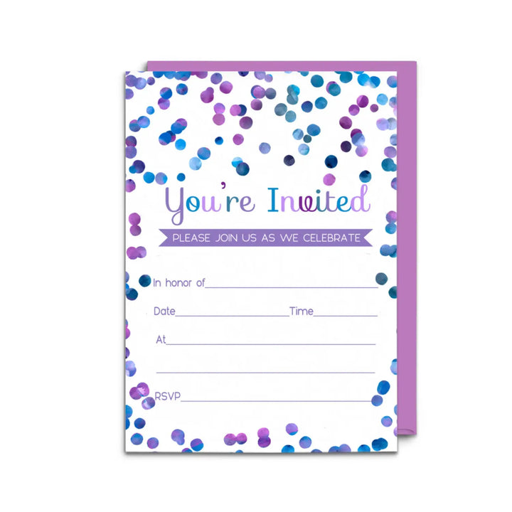 Purple confetti invitations with envelopes (15 pack)