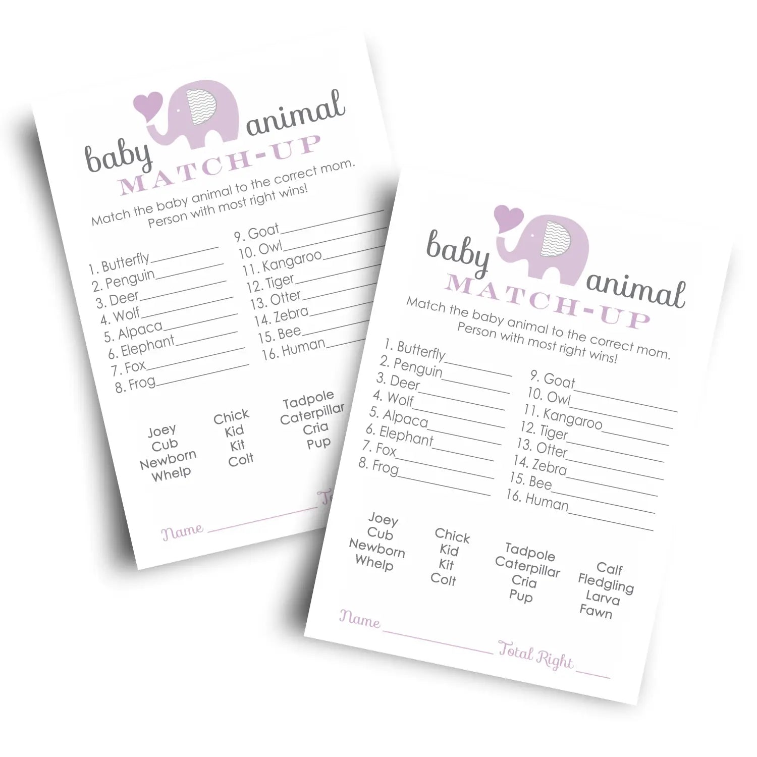 Purple elephant baby animal matching game (25 pack) - party games
