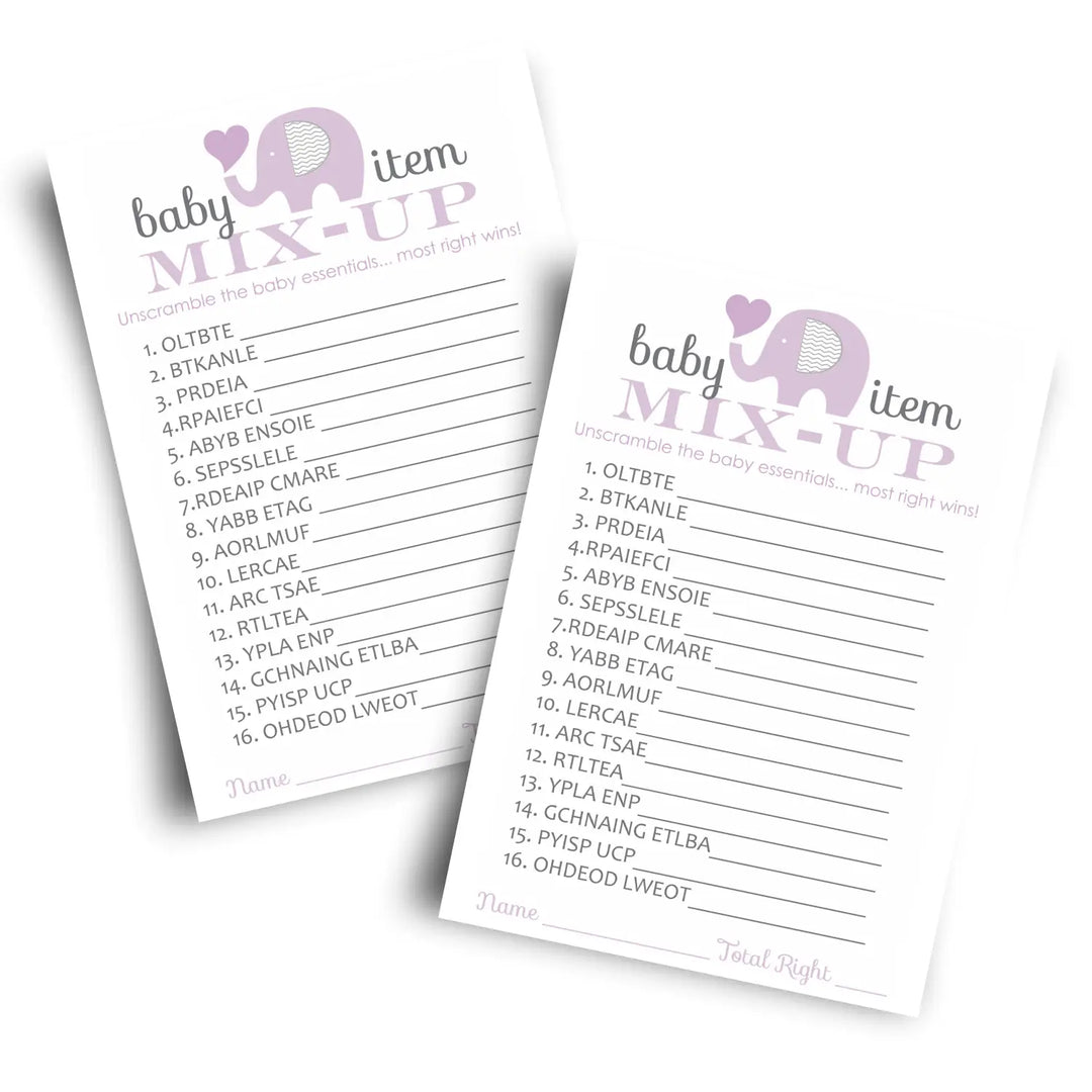 Purple elephant baby shower word scramble game - party games