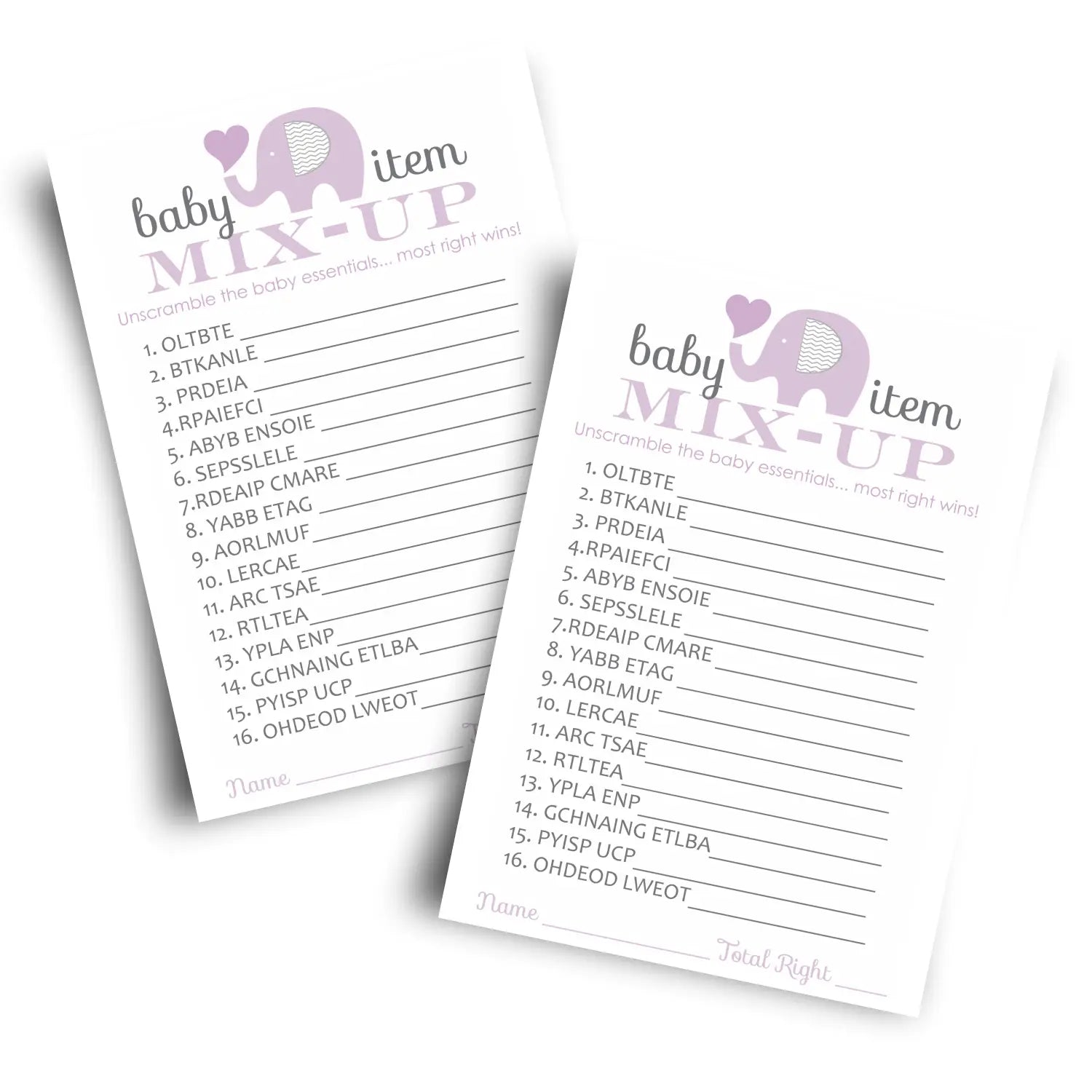 Purple elephant baby shower word scramble game - party games