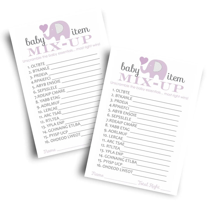 Purple elephant baby shower word scramble game - party games