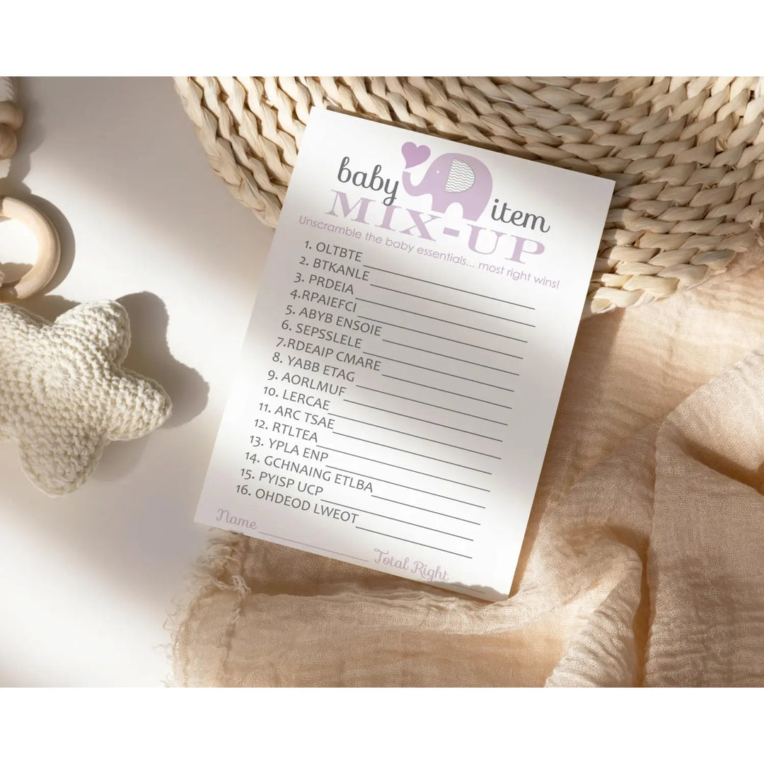 Purple Elephant Baby Shower Word Scramble Game - Paper Clever Party