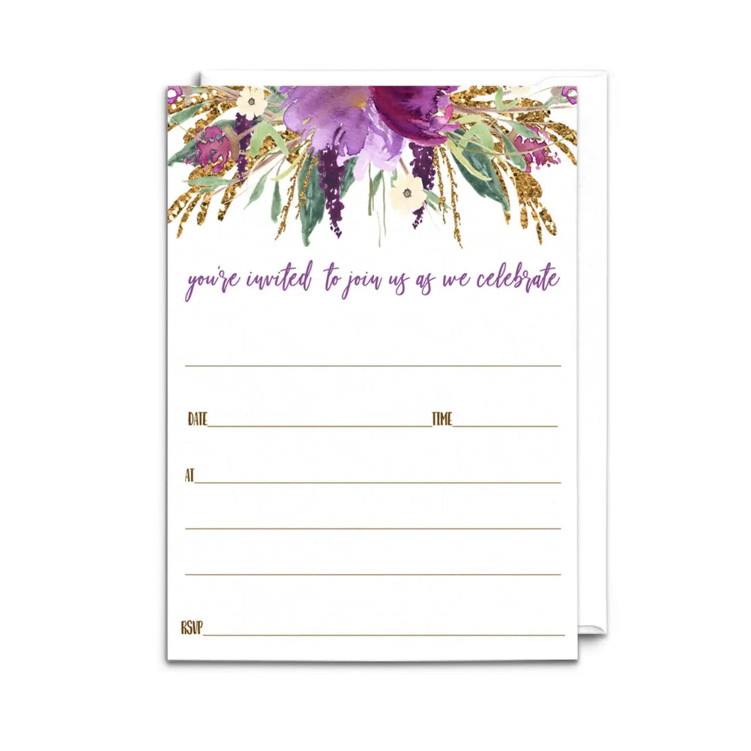 Purple floral invitations with envelopes 25 pack lilac and gold 5x7 blank cards