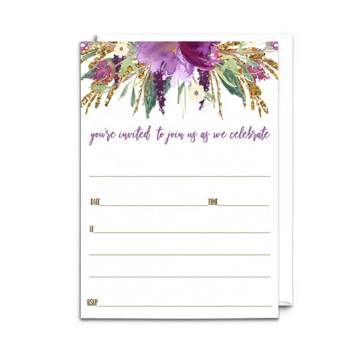 Purple floral invitations with envelopes 25 pack lilac and gold 5x7 blank cards