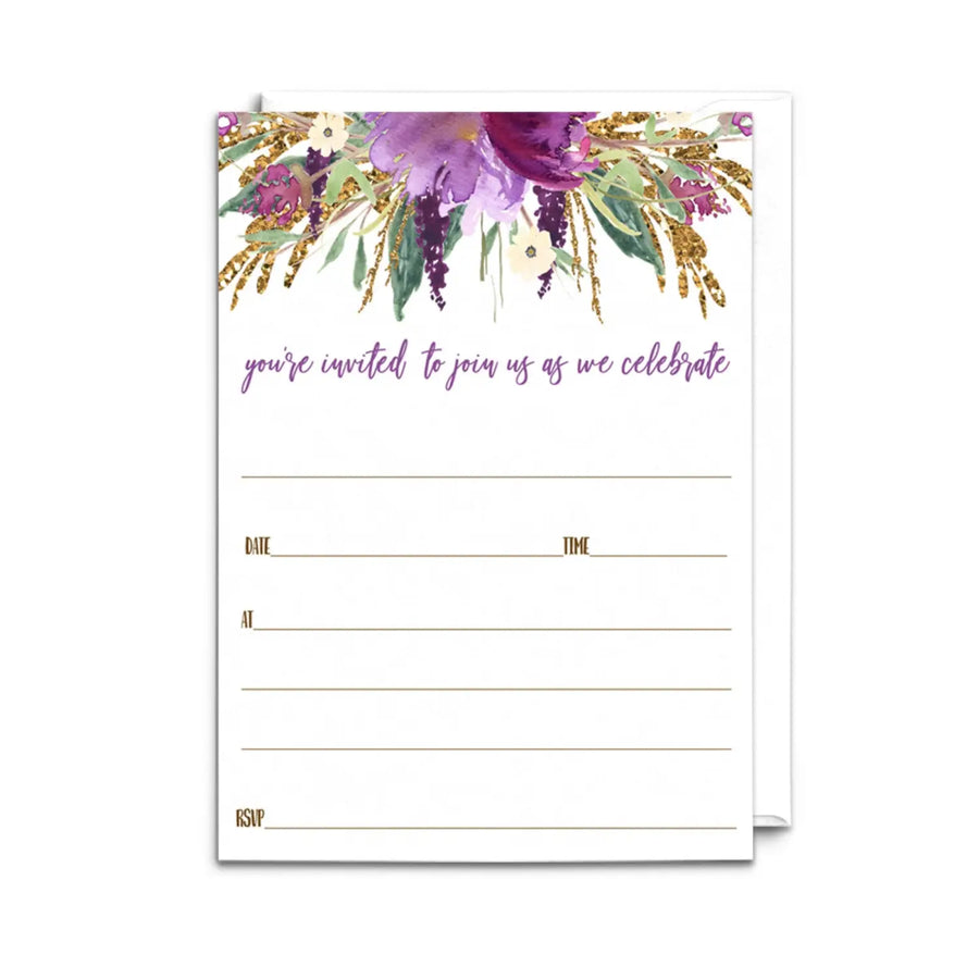 Purple floral invitations with envelopes 25 pack lilac and gold 5x7 blank cards