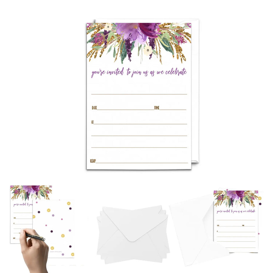 Purple Floral Invitations with Envelopes, 25 Pack, Lilac and Gold, 5x7 Blank Cards - Paper Clever Party