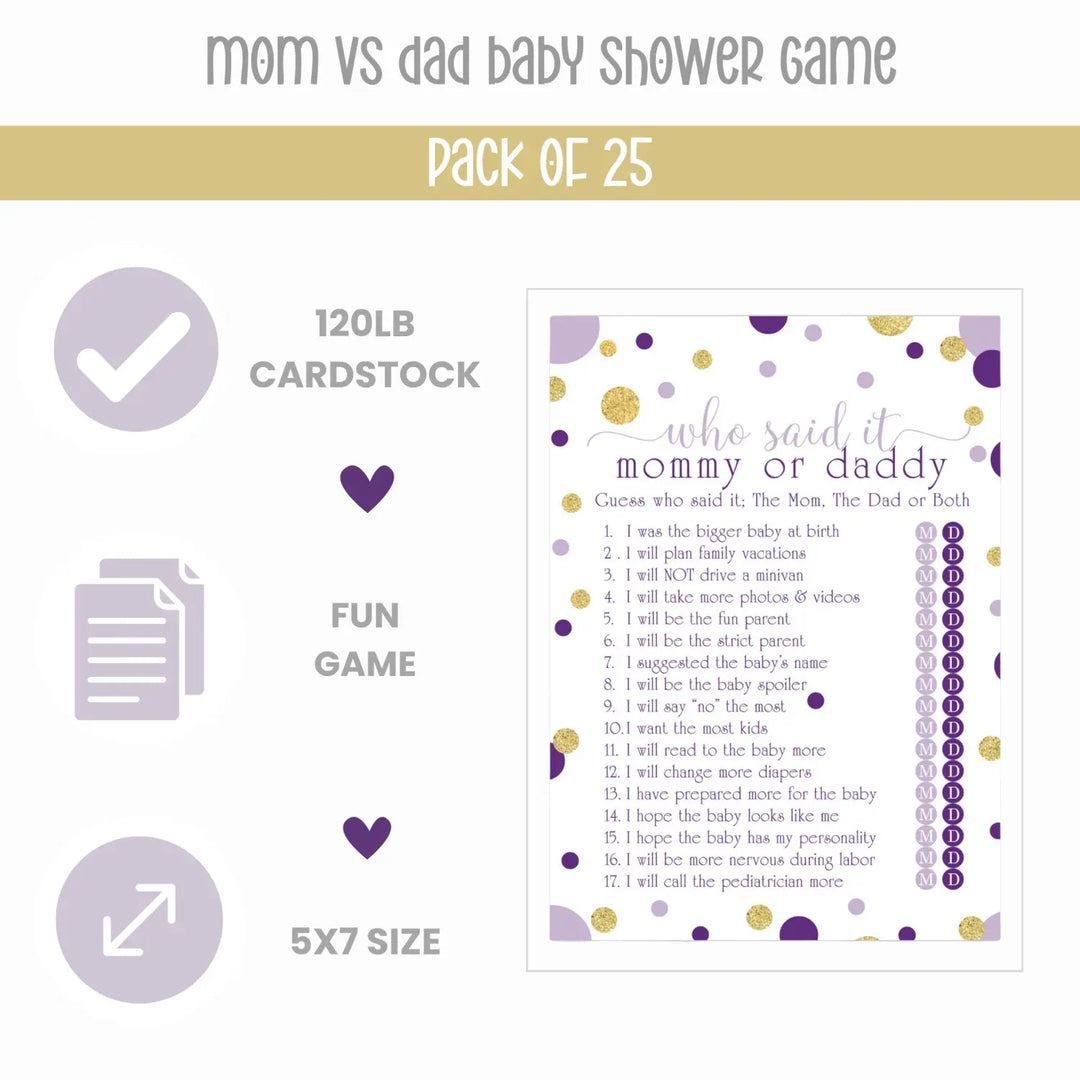 Purple and Gold Baby Shower Game 25 Guest Pack - Paper Clever Party