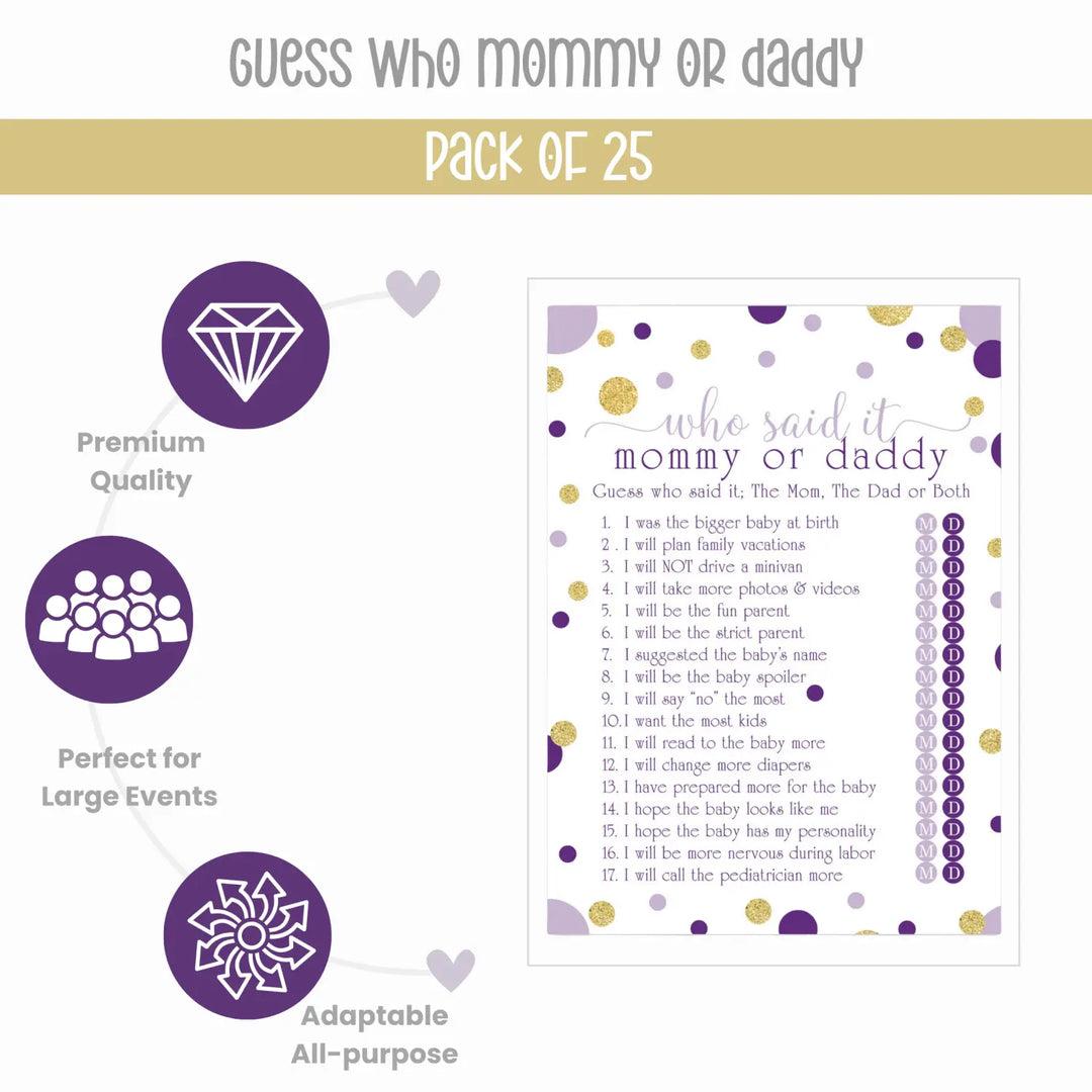 Purple and Gold Baby Shower Game 25 Guest Pack - Paper Clever Party