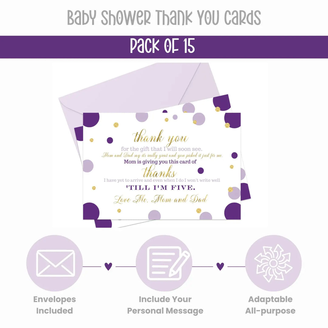 Purple and Gold Girls Baby Shower Thank You Cards - 15 Pack Elegant Notecards, 4x6 - Paper Clever Party