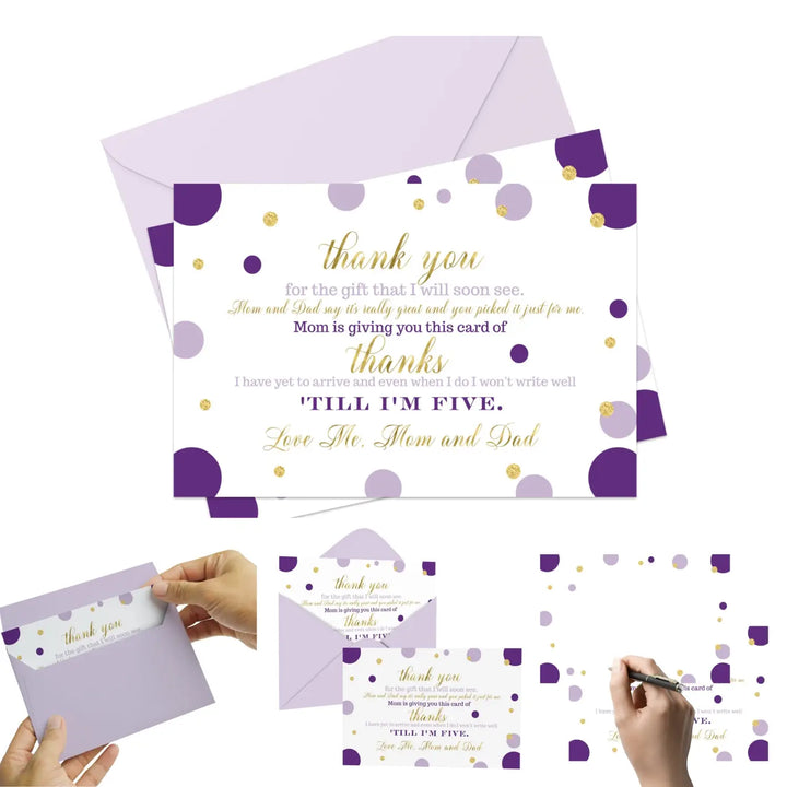 Purple and Gold Girls Baby Shower Thank You Cards - 15 Pack Elegant Notecards, 4x6 - Paper Clever Party