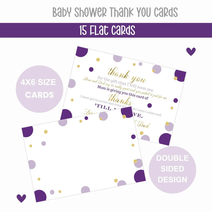 Purple and Gold Girls Baby Shower Thank You Cards - 15 Pack Elegant Notecards, 4x6 - Paper Clever Party