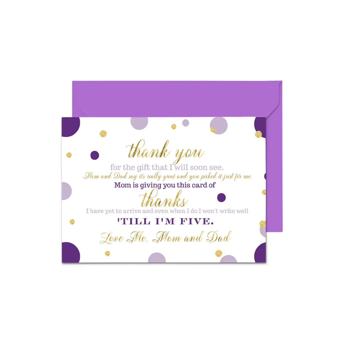 Purple and Gold Girls Baby Shower Thank You Cards - 15 Pack Elegant Notecards, 4x6 - Paper Clever Party