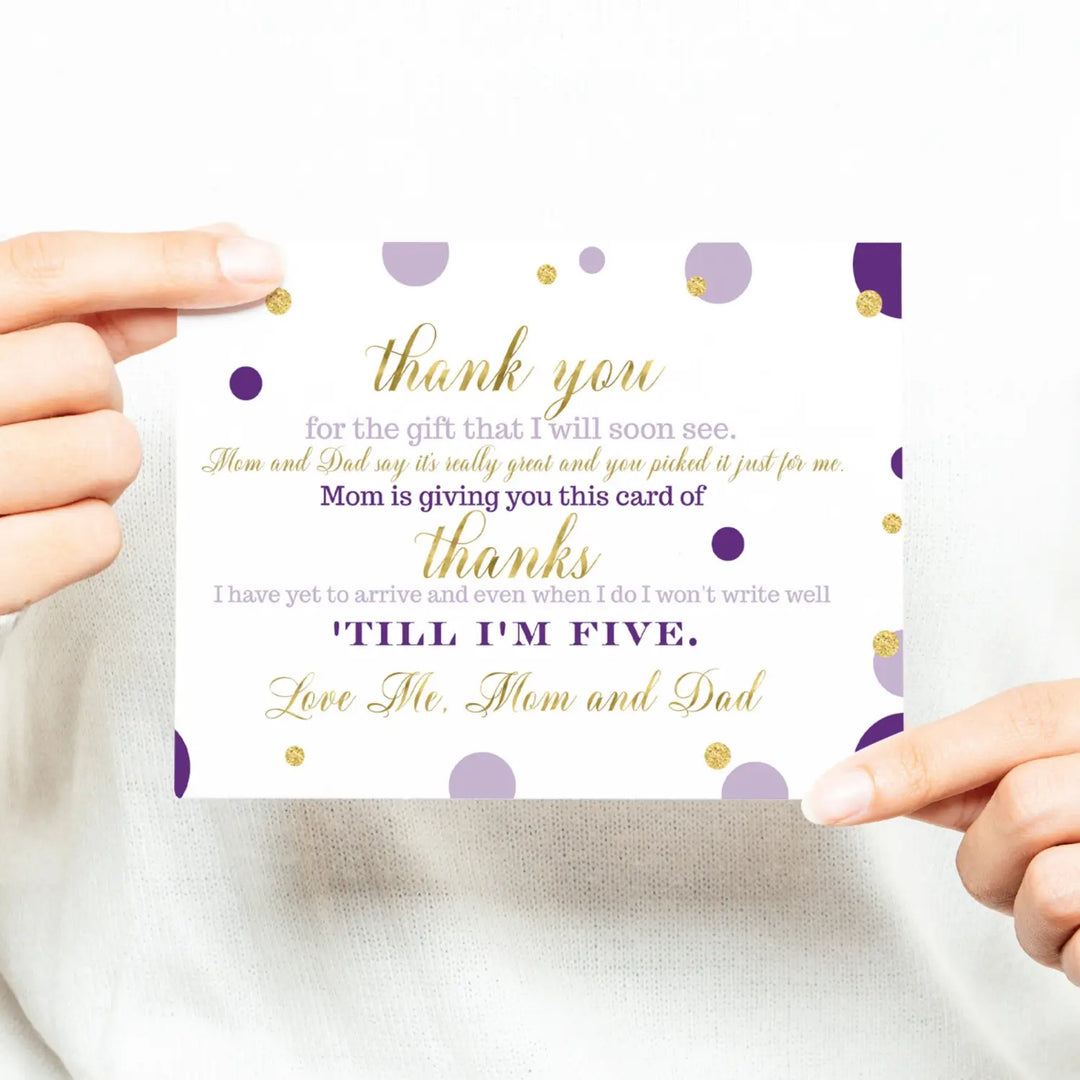 Purple and Gold Girls Baby Shower Thank You Cards - 15 Pack Elegant Notecards, 4x6 - Paper Clever Party